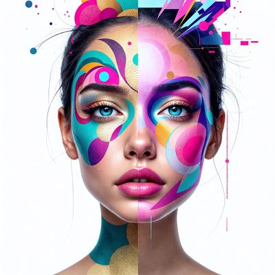The primary subject of the image is a woman with a face painted in various colors, including blue, pink, and yellow. She is wearing a gold and blue headband. The setting is a white background, which provides a clean and minimalist look to the image. The visual style is a combination of digital art and illustration, as the colors and patterns are vibrant and eye-catching. The overall atmosphere of the image is lively and fun, as the woman's face is painted in a playful and art